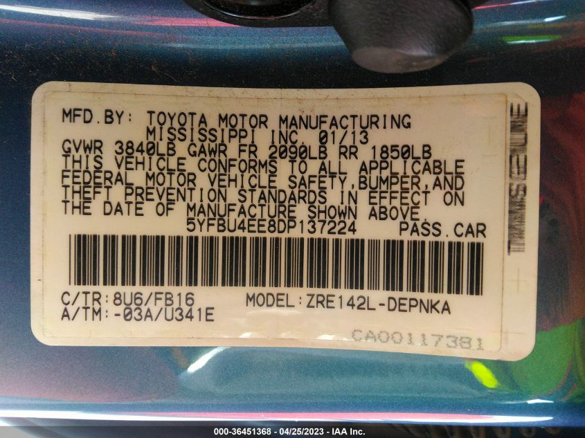2013 TOYOTA COROLLA LE - 5YFBU4EE8DP137224