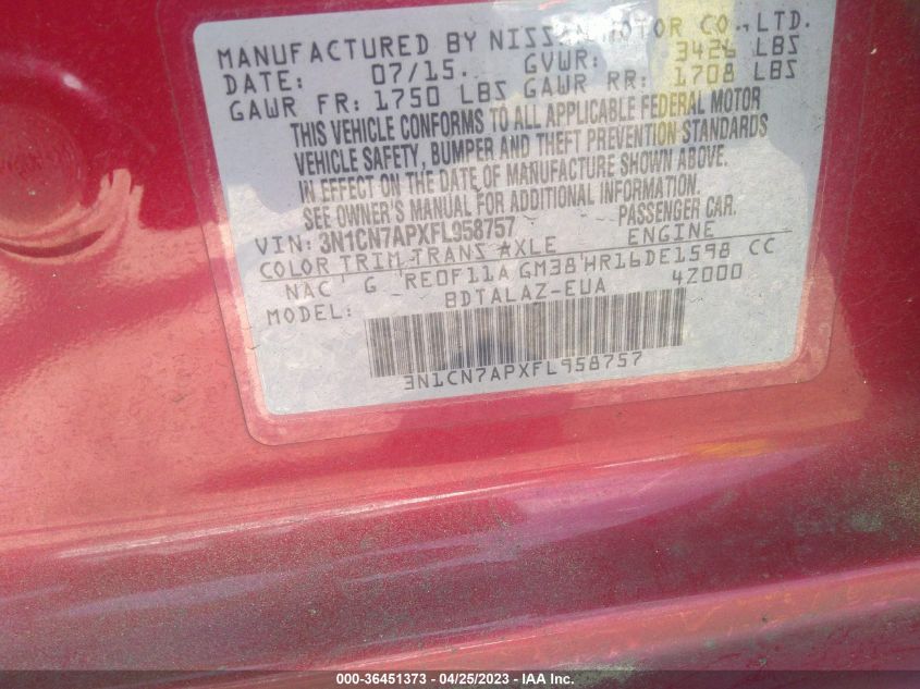 2015 NISSAN VERSA S PLUS - 3N1CN7APXFL958757