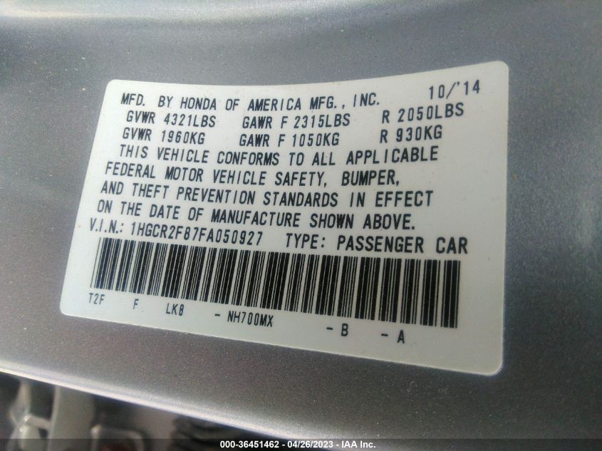 2015 HONDA ACCORD EX-L - 1HGCR2F87FA050927