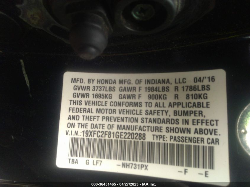2016 HONDA CIVIC SEDAN EX - 19XFC2F81GE220288
