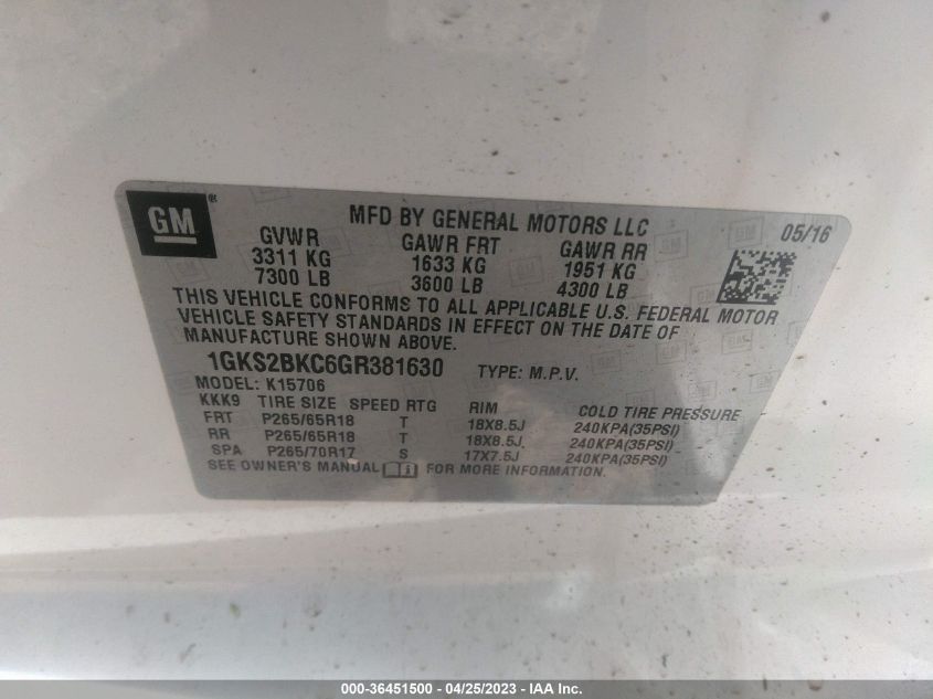 2016 GMC YUKON SLT - 1GKS2BKC6GR381630