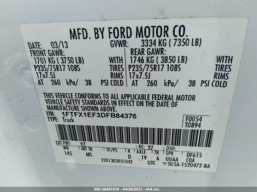 2013 FORD F-150 XL/STX/XLT/FX4/LARIAT - 1FTFX1EF3DFB84376