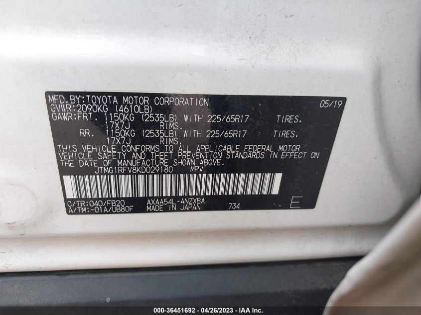 2019 TOYOTA RAV4 LE - JTMG1RFV8KD029180