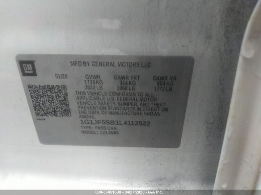 2020 CHEVROLET SONIC PREMIER - 1G1JF5SB1L4112522