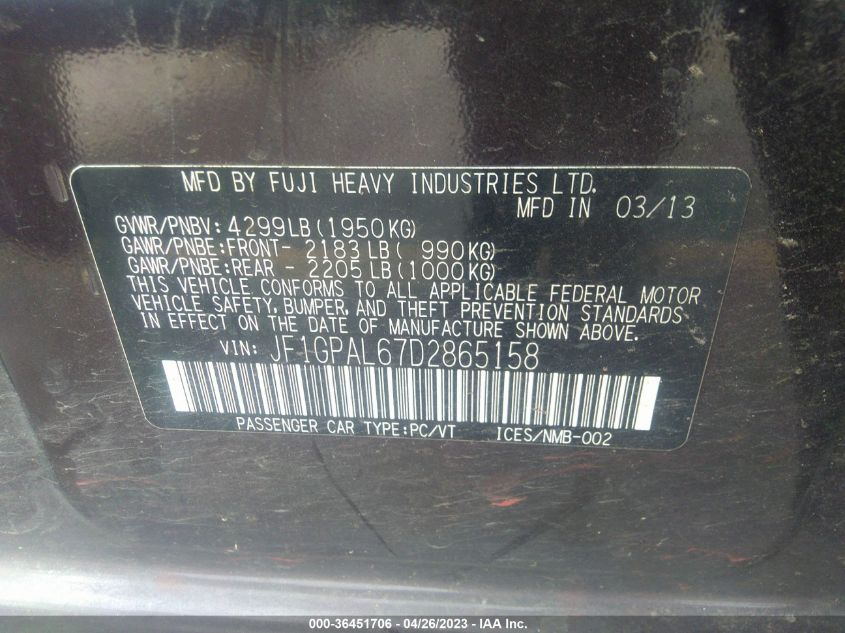 2013 SUBARU IMPREZA WAGON 2.0I SPORT PREMIUM - JF1GPAL67D2865158