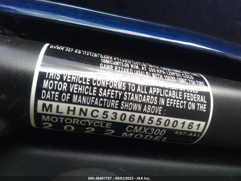 2022 HONDA CMX300 MLHNC5306N5500161