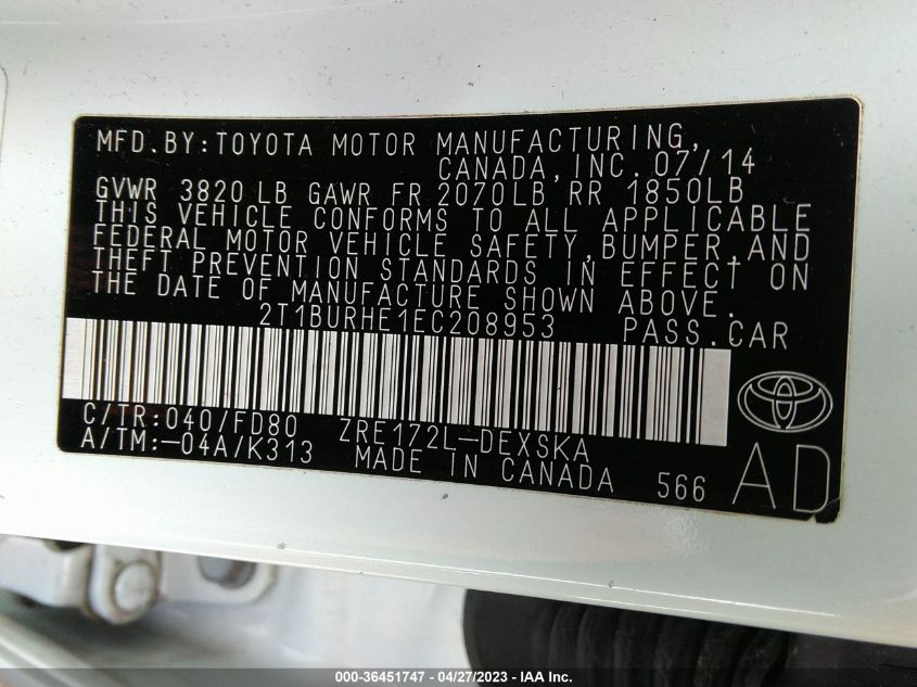 2014 TOYOTA COROLLA L/LE/S/S PLUS/LE PLUS - 2T1BURHE1EC208953
