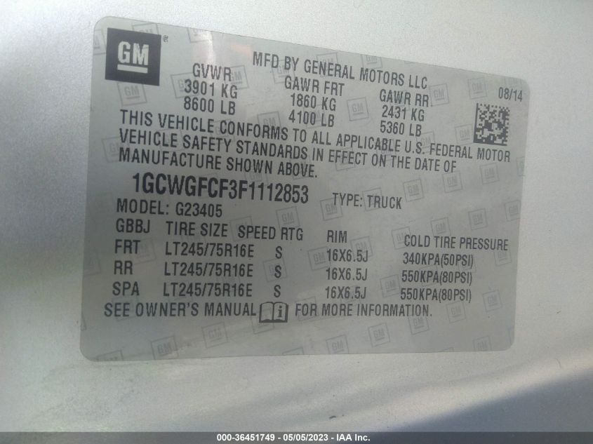 2015 CHEVROLET EXPRESS CARGO VAN - 1GCWGFCF3F1112853