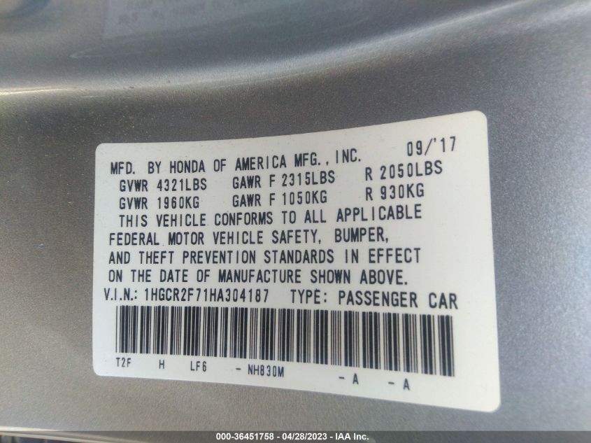 2017 HONDA ACCORD SEDAN EX - 1HGCR2F71HA304187