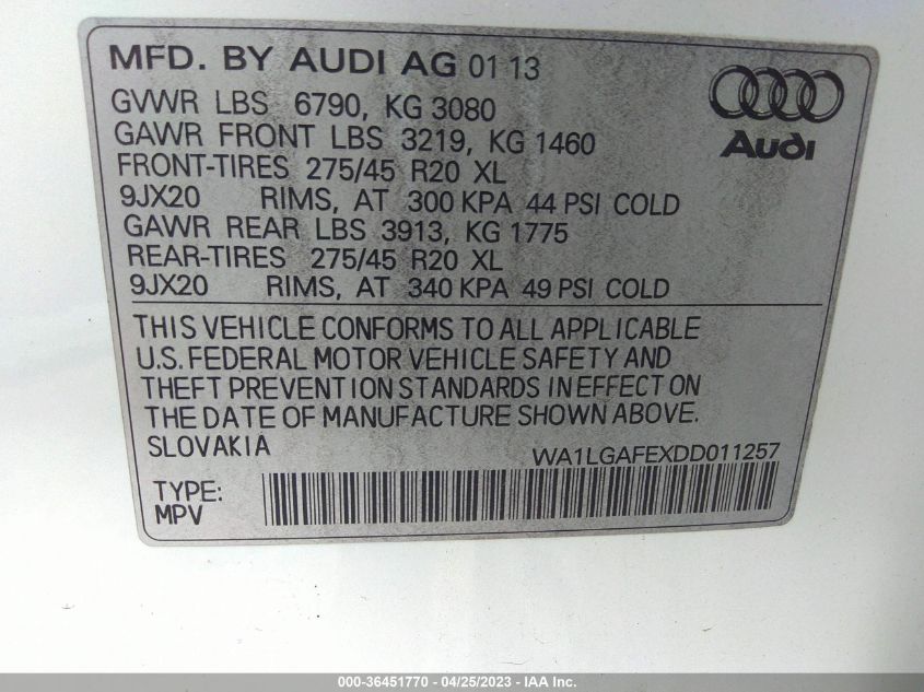 2013 AUDI Q7 3.0T PREMIUM PLUS - WA1LGAFEXDD011257