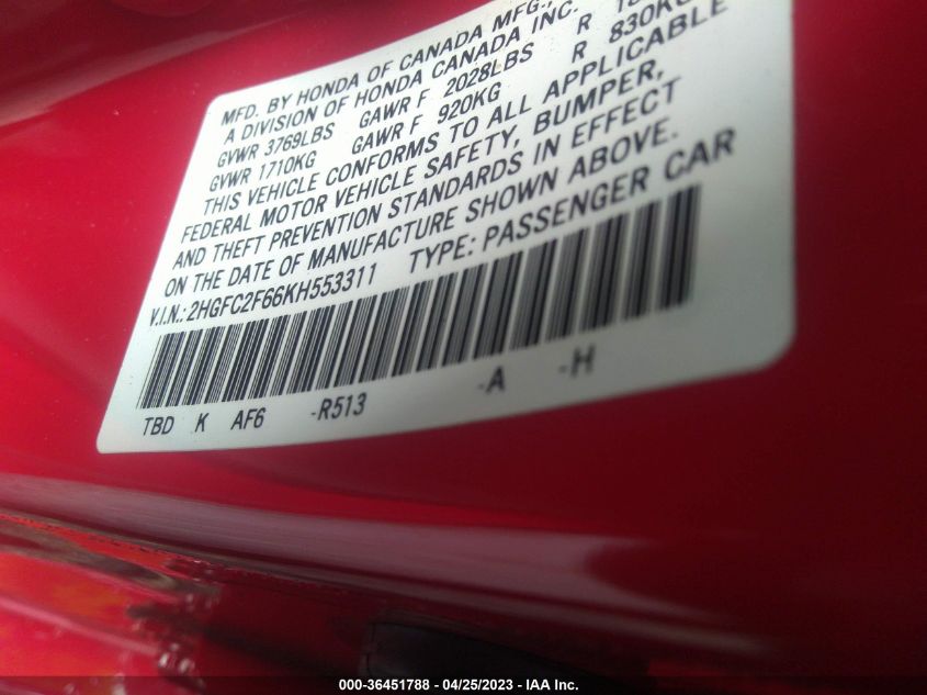 2019 HONDA CIVIC SEDAN LX - 2HGFC2F66KH553311
