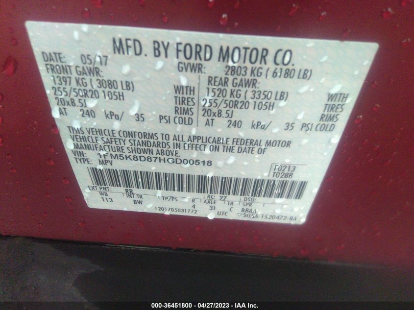 2017 FORD EXPLORER XLT - 1FM5K8D87HGD00518