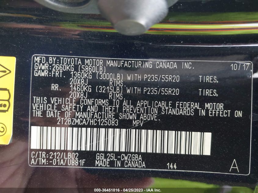 2017 LEXUS RX RX 350 - 2T2BZMCA1HC125063