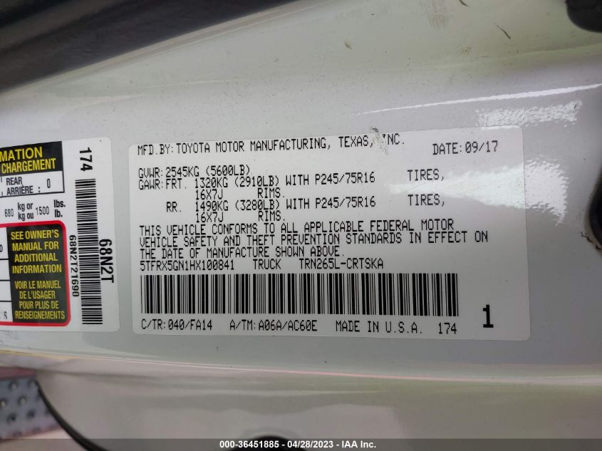 2017 TOYOTA TACOMA SR/SR5 - 5TFRX5GN1HX100841