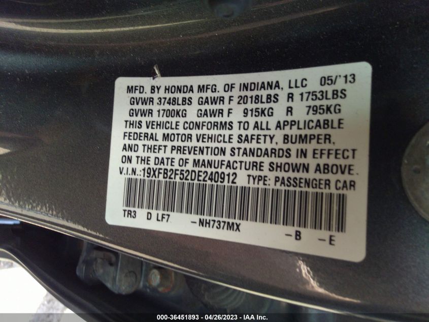 2013 HONDA CIVIC SDN LX - 19XFB2F52DE240912