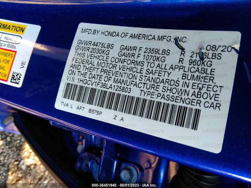 2020 HONDA ACCORD SEDAN SPORT - 1HGCV1F36LA125803