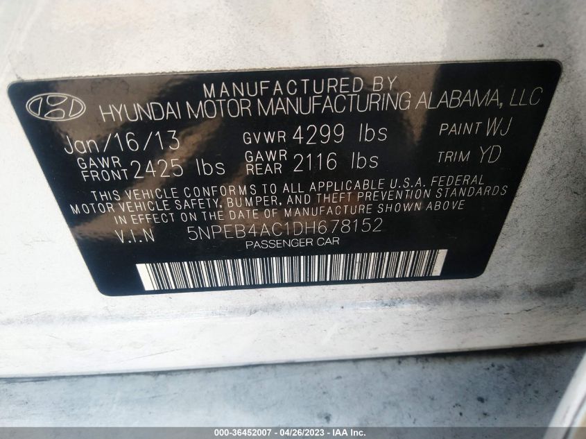 2013 HYUNDAI SONATA GLS PZEV - 5NPEB4AC1DH678152