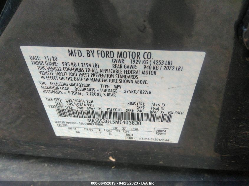 2021 FORD ECOSPORT SE - MAJ6S3GL5MC403830