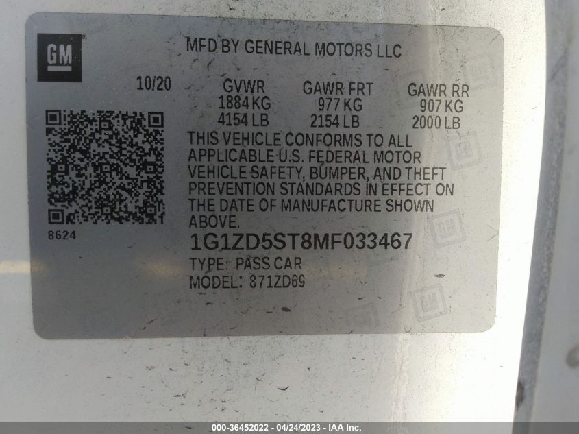 2021 CHEVROLET MALIBU LT - 1G1ZD5ST8MF033467