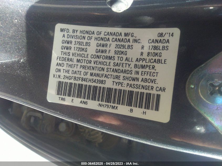 2014 HONDA CIVIC SEDAN EX - 2HGFB2F84EH543983