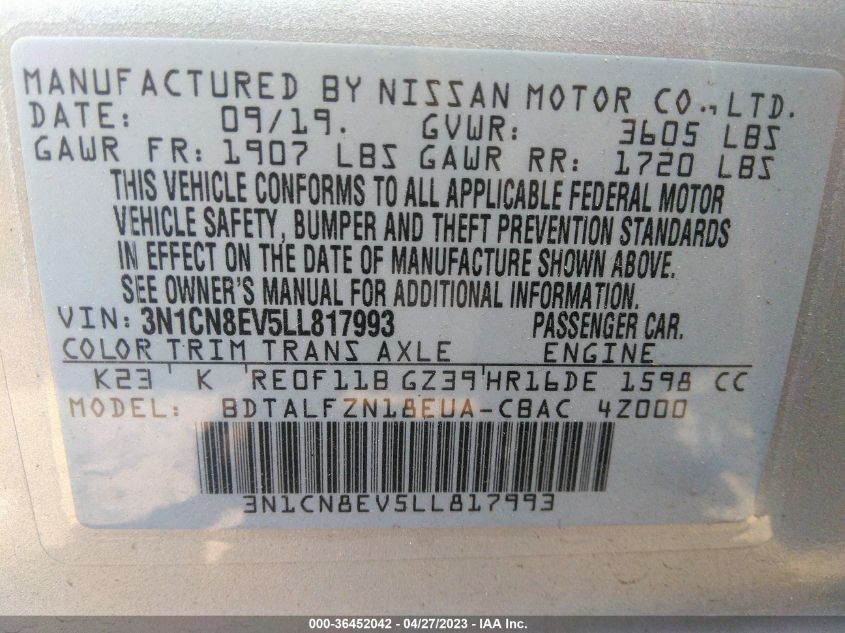 2020 NISSAN VERSA SV - 3N1CN8EV5LL817993