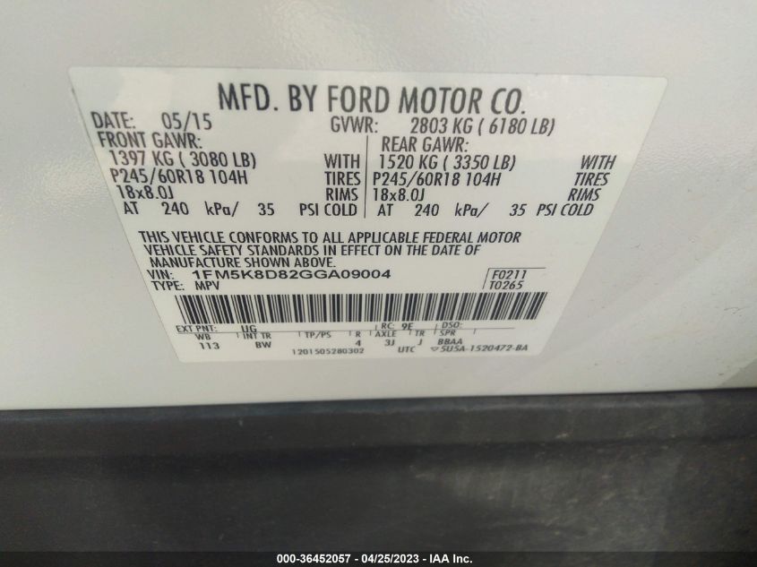 2016 FORD EXPLORER XLT - 1FM5K8D82GGA09004