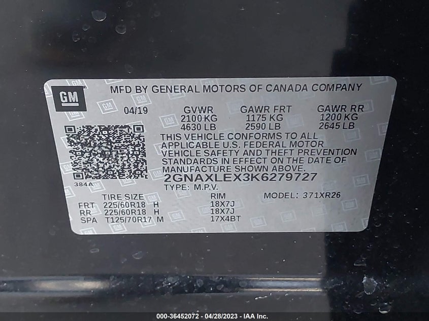 VIN 2GNAXLEX3K6279727 2019 CHEVROLET EQUINOX LT