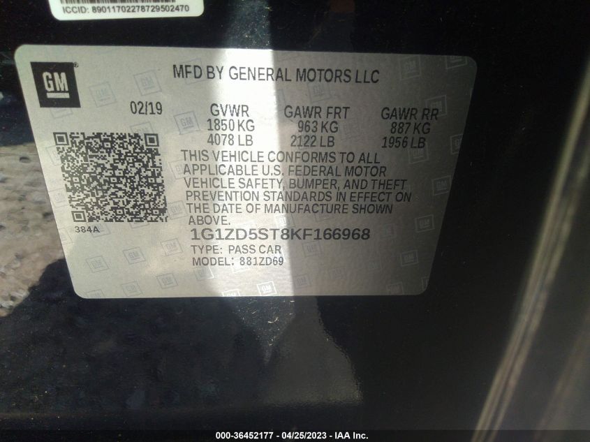 2019 CHEVROLET MALIBU LT - 1G1ZD5ST8KF166968