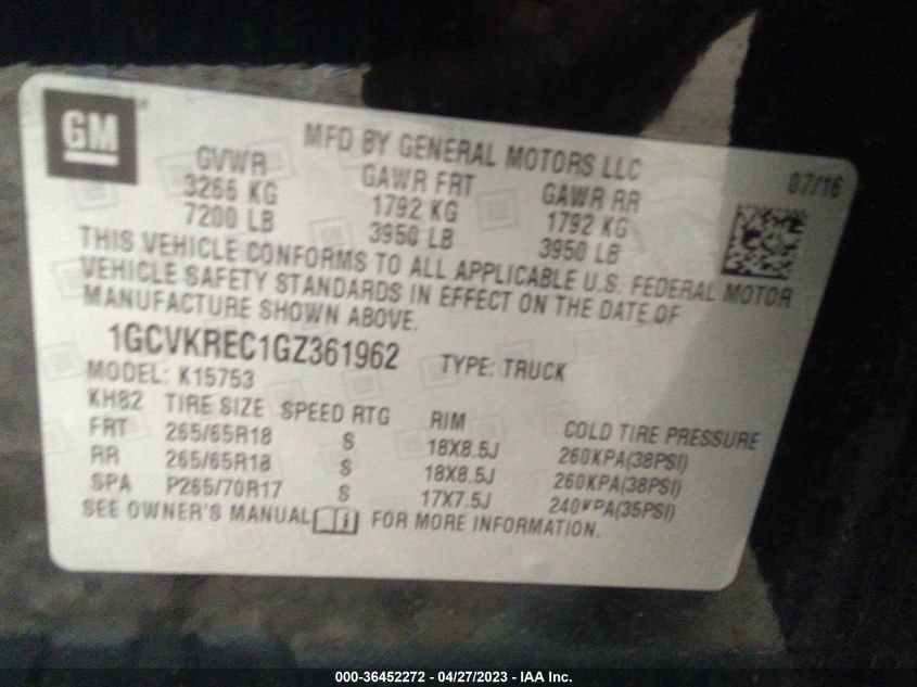 2016 CHEVROLET SILVERADO 1500 LT - 1GCVKREC1GZ361962