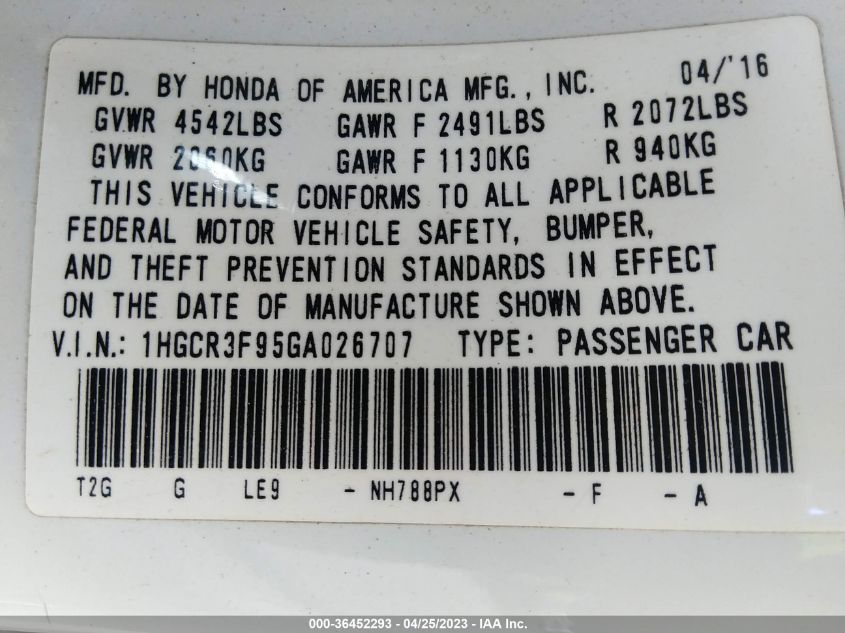 2016 HONDA ACCORD SEDAN TOURING - 1HGCR3F95GA026707