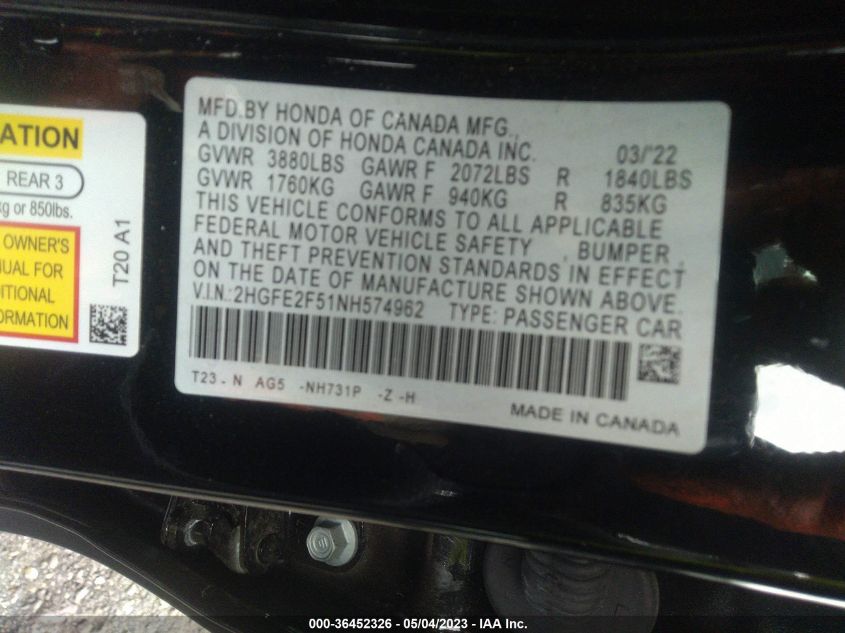 2022 HONDA CIVIC SEDAN SPORT - 2HGFE2F51NH574962