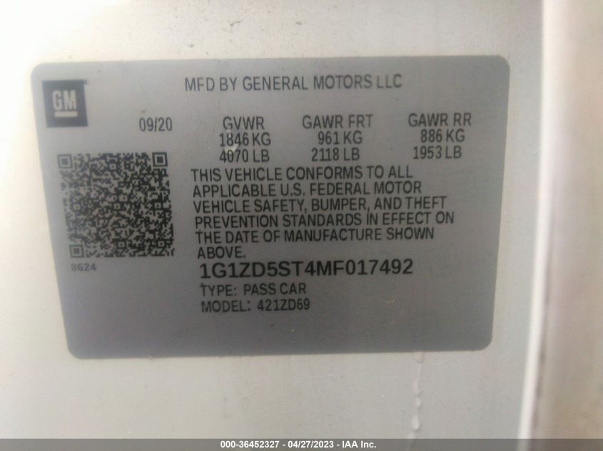 2021 CHEVROLET MALIBU LT - 1G1ZD5ST4MF017492