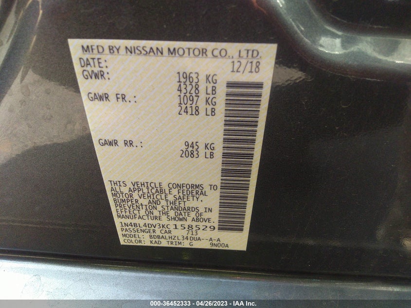 VIN 1N4BL4DV3KC158529 2019 NISSAN ALTIMA 2.5 SV