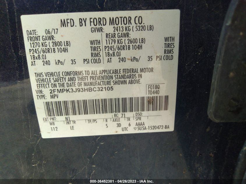 2FMPK3J93HBC32105 2017 FORD EDGE, photo no. 9