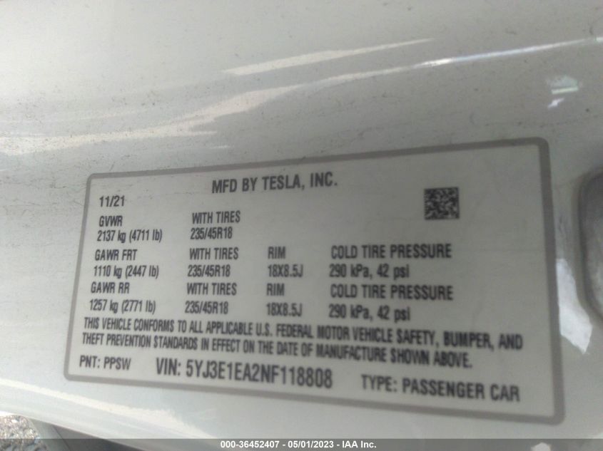 2022 TESLA MODEL 3 - 5YJ3E1EA2NF118808