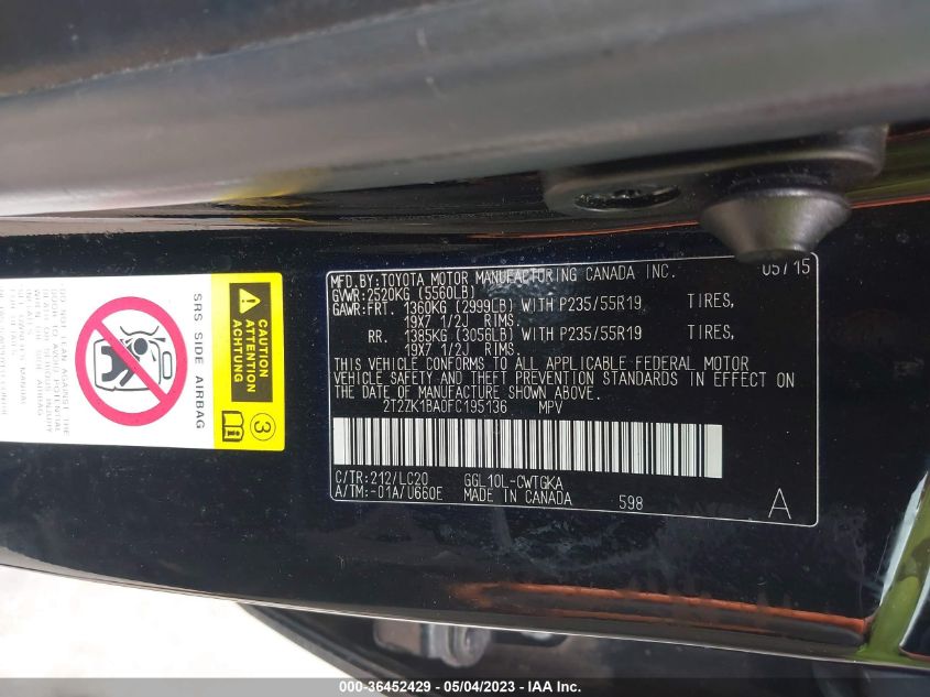 2015 LEXUS RX 350 - 2T2ZK1BA0FC195136