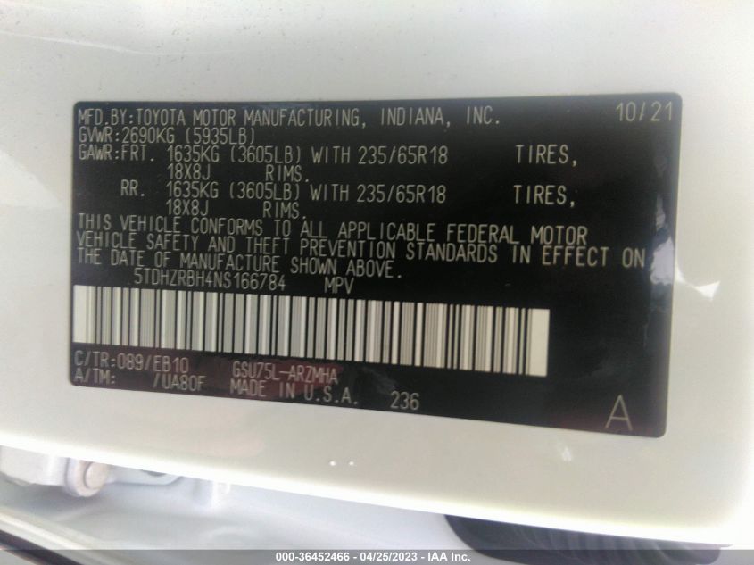 2022 TOYOTA HIGHLANDER XLE - 5TDHZRBH4NS166784