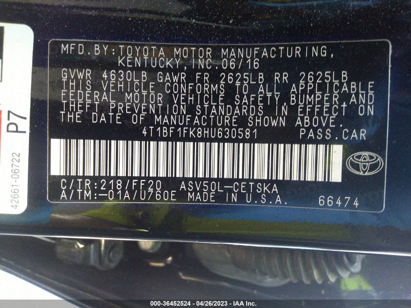 2017 TOYOTA CAMRY SE - 4T1BF1FK8HU630581