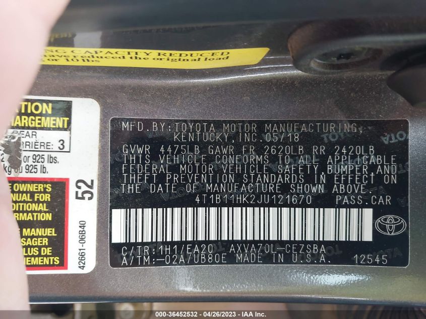 2018 TOYOTA CAMRY SE - 4T1B11HK2JU121670