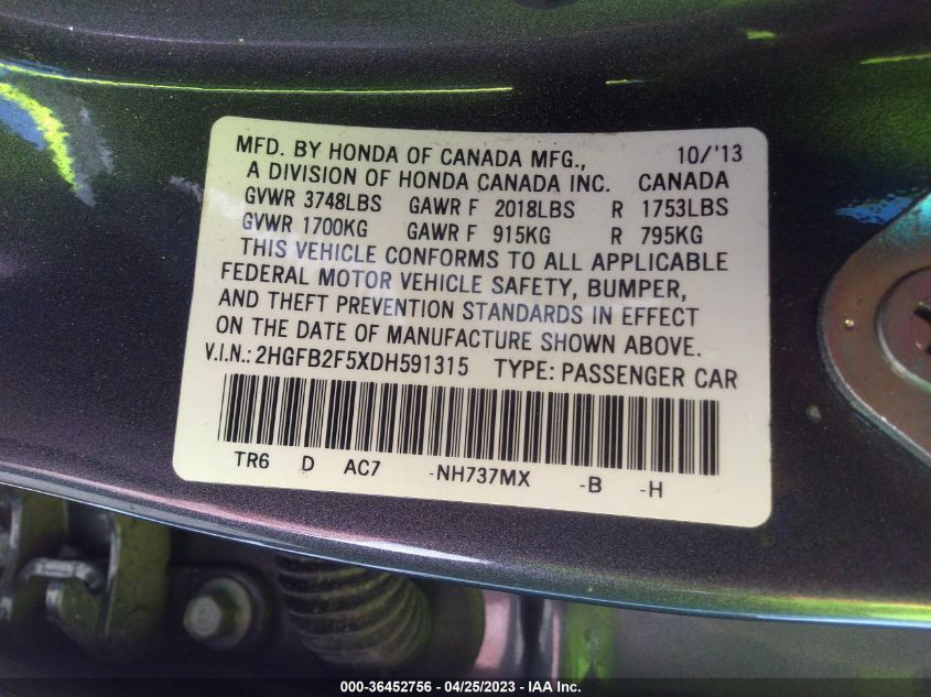 2013 HONDA CIVIC SDN LX - 2HGFB2F5XDH591315