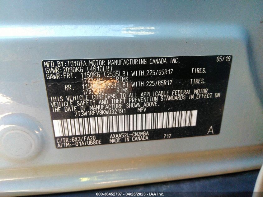 2019 TOYOTA RAV4 XLE - 2T3W1RFV8KW032191