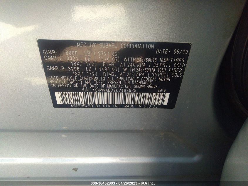 2019 SUBARU ASCENT PREMIUM - 4S4WMABD9K3489838