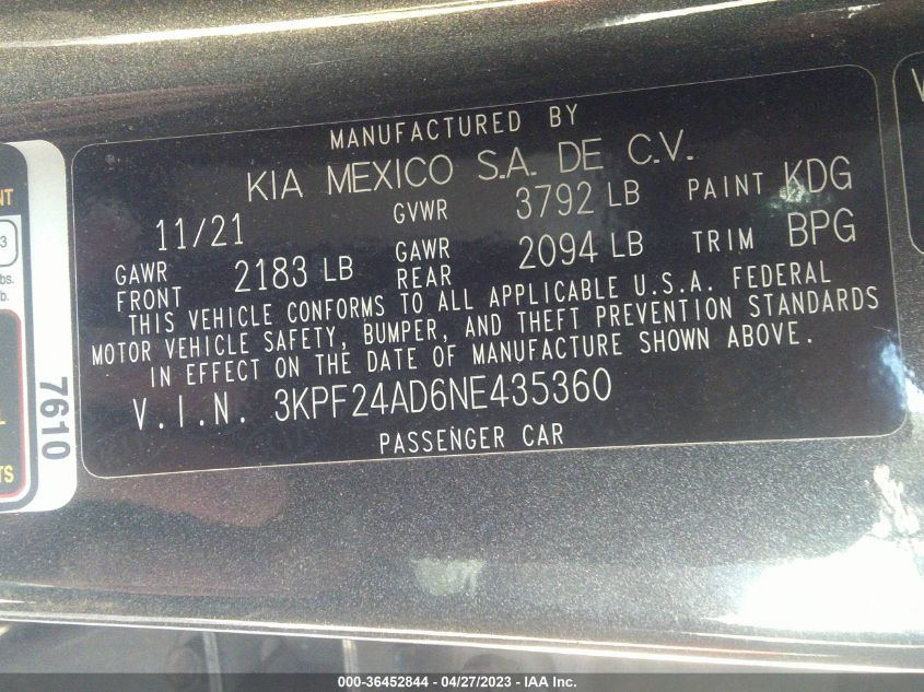 2022 KIA FORTE LXS - 3KPF24AD6NE435360