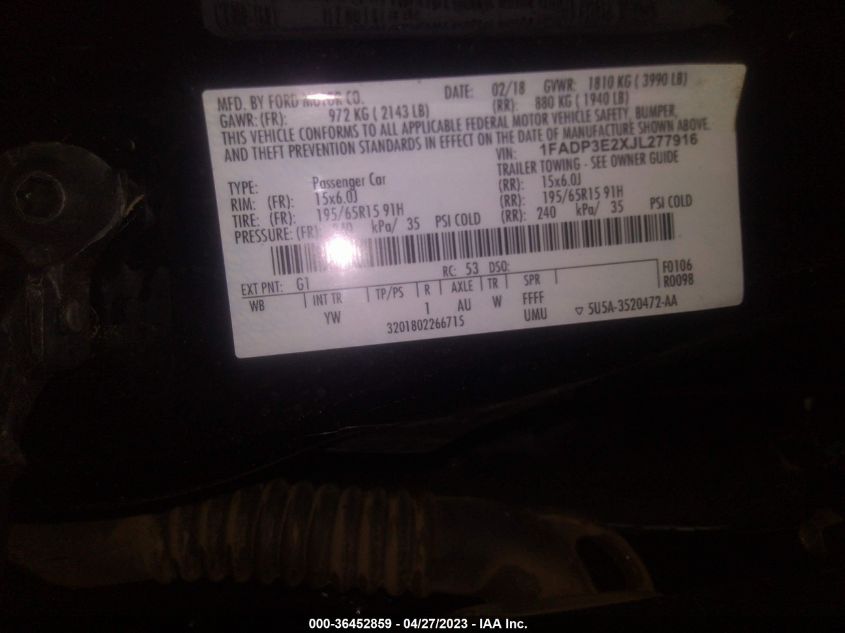 2018 FORD FOCUS S - 1FADP3E2XJL277916