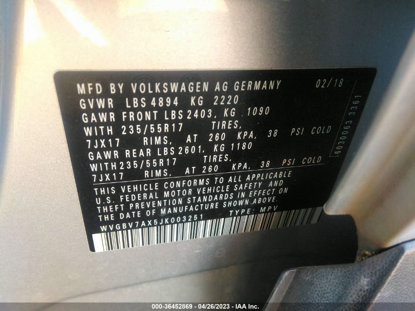 2018 VOLKSWAGEN TIGUAN LIMITED WVGBV7AX5JK003251