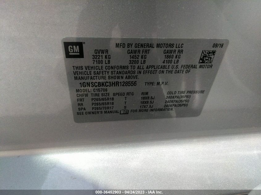2017 CHEVROLET TAHOE LT - 1GNSCBKC3HR128556