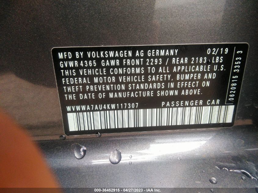 2019 VOLKSWAGEN GOLF R - WVWWA7AU4KW117307