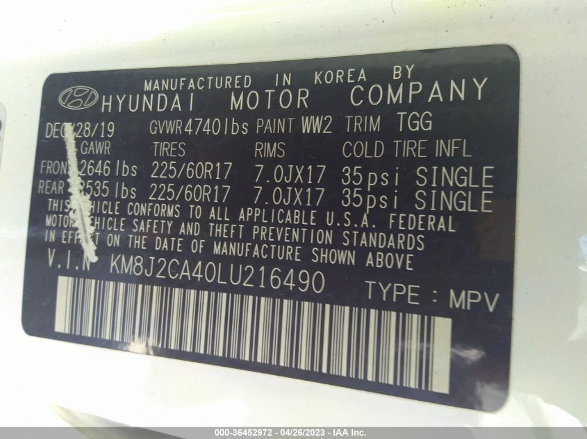 2020 HYUNDAI TUCSON SE - KM8J2CA40LU216490