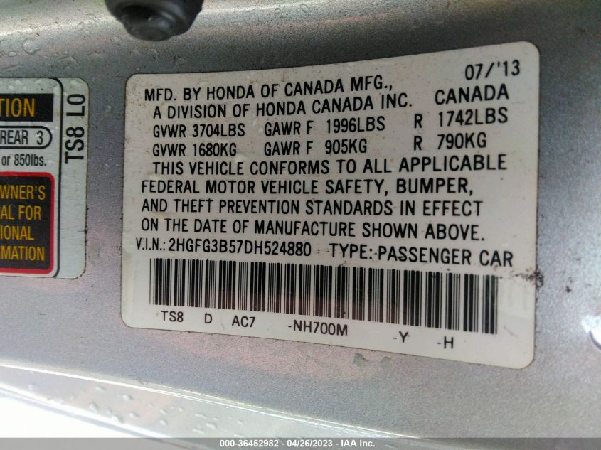 2013 HONDA CIVIC CPE LX - 2HGFG3B57DH524880