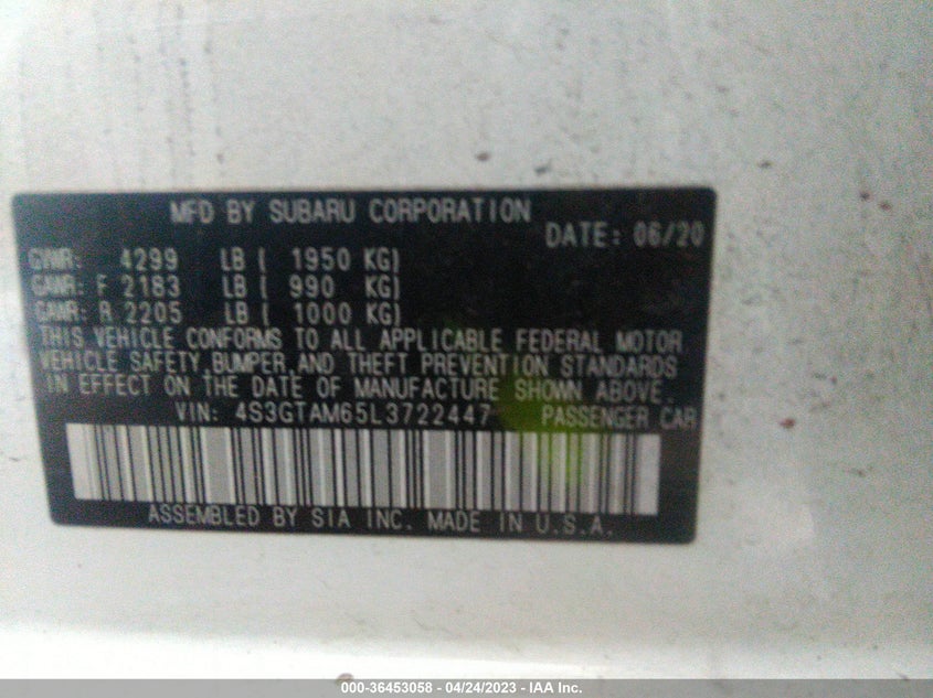 VIN 4S3GTAM65L3722447 2020 SUBARU IMPREZA SPORT